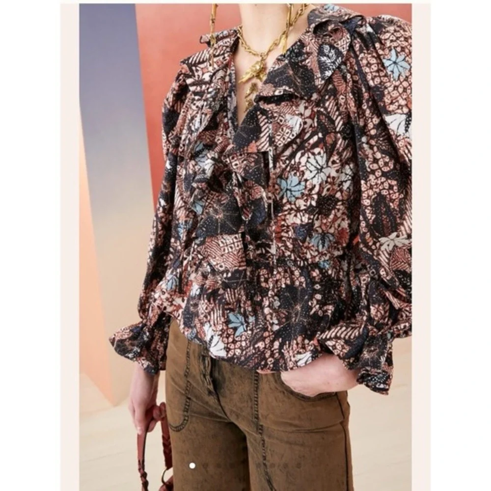 Ulla Johnson Cotton Ruffle Floral Blouse 6 Puff Sleeve Boho Romantic Top artisan